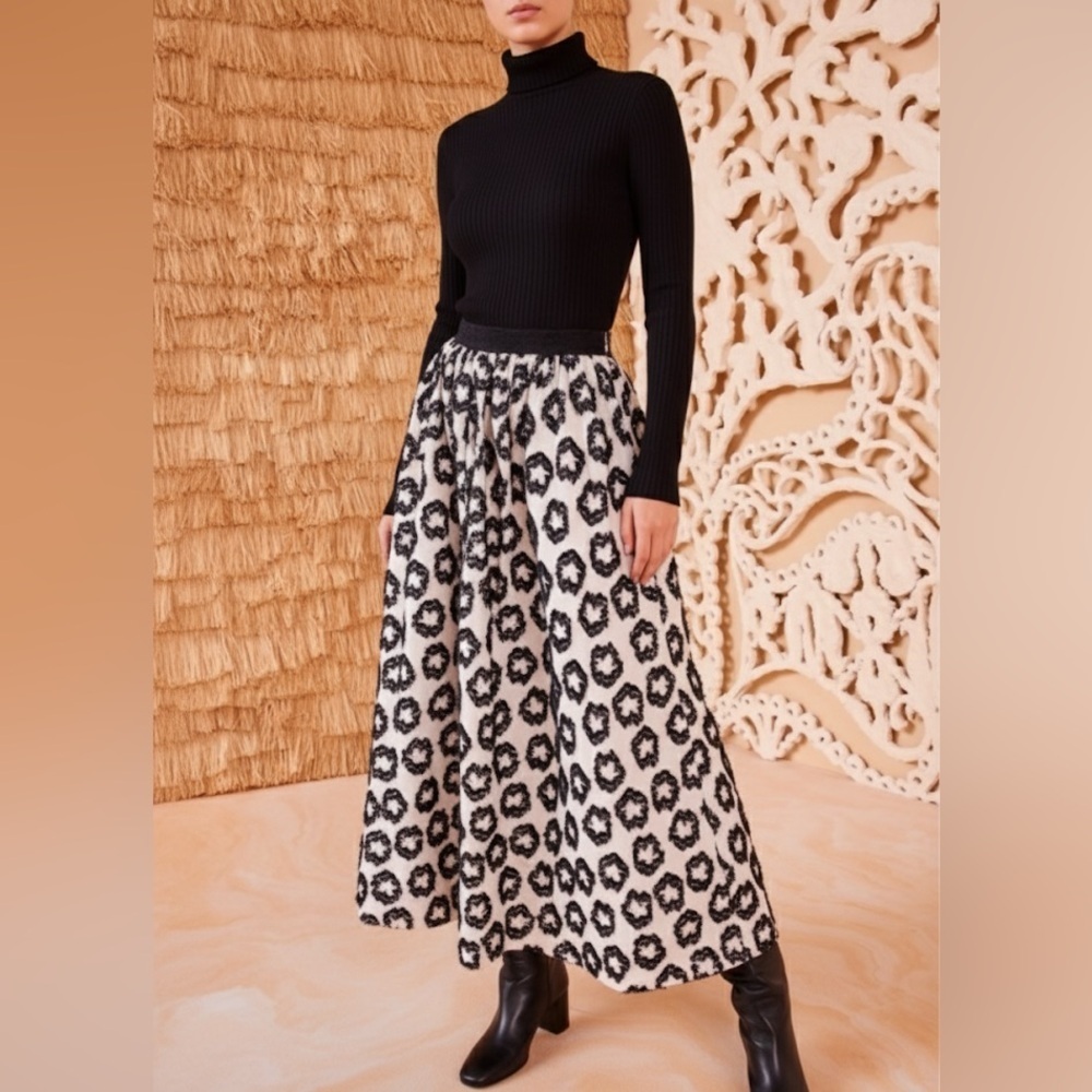Ulla Johnson Black and Cream A-Line Leopard Print Maxi Skirt